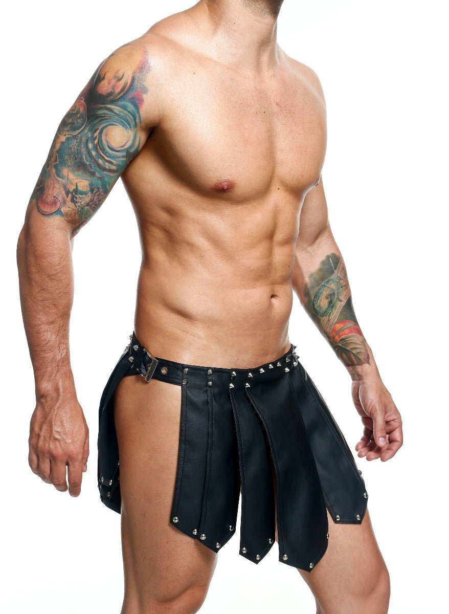Dngeon roman skirt black leather studded kilt style shorts showcasing new colors front view