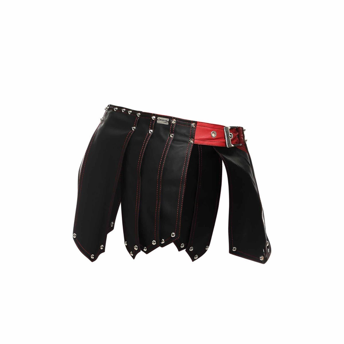 Dngeon roman skirt in black leather with red belt and silver studs showcasing new colors and edgy style