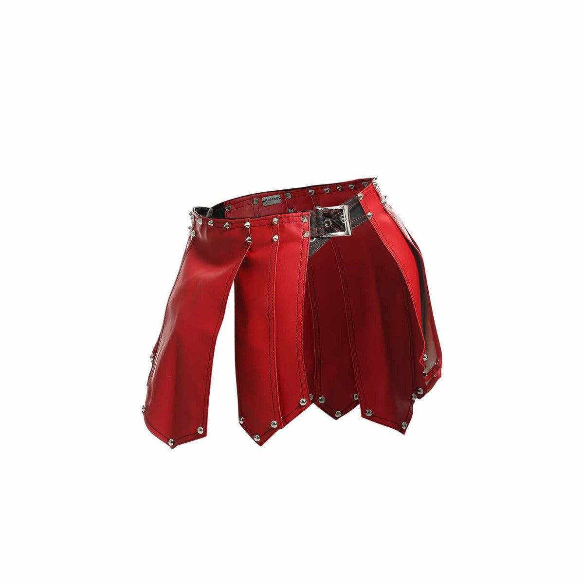 Red faux leather kilt with silver studs and black buckle from dngeon roman skirt new colors collection