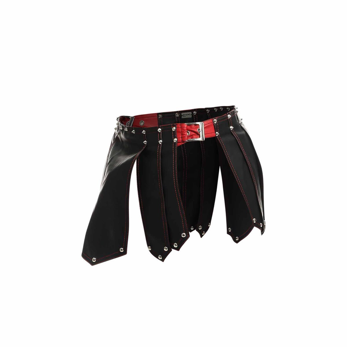 Dngeon roman skirt in black leather with red stitching, silver studs, and a bold red belt buckle new colors