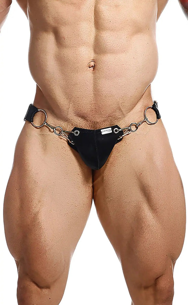 Black leather thong with metallic chain and ring detailing from dngeon snap jockstrap animal product