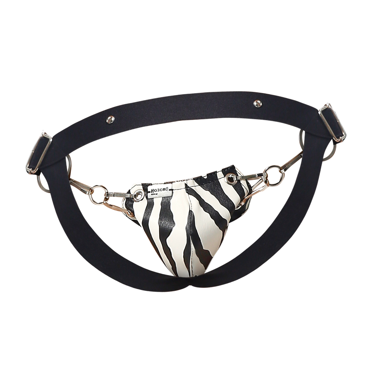 Black leather snap jockstrap with zebra print pouch and metallic hardware from dngeon animal collection