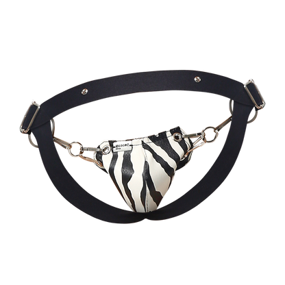 Black leather snap jockstrap with zebra print pouch and metallic hardware from dngeon animal collection