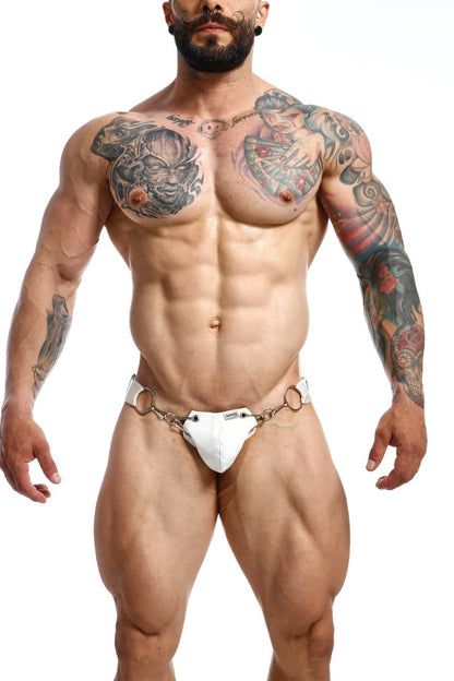White leather thong with gold-tone metal rings and chain detailing from dngeon snap jockstrap camo