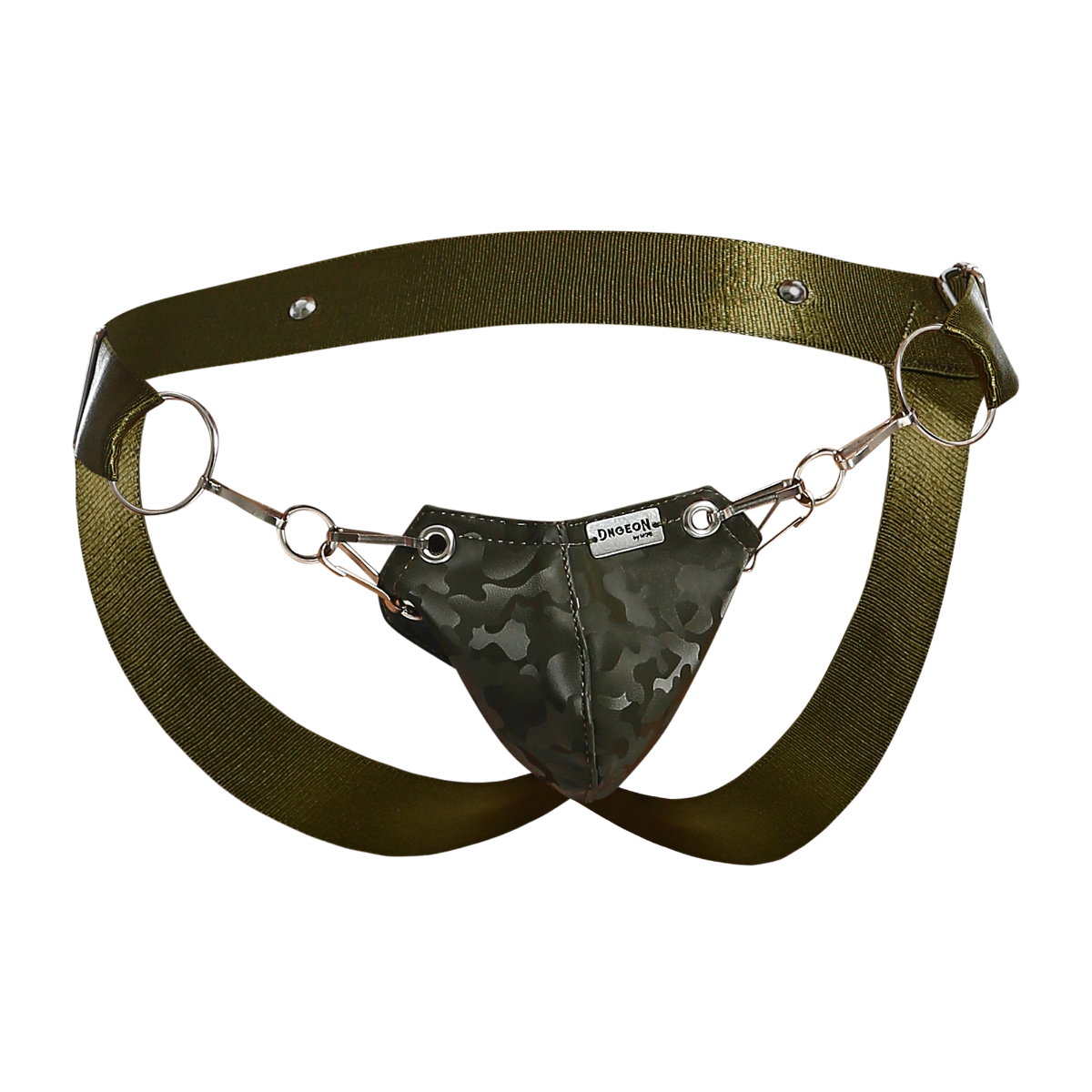 Dngeon snap jockstrap camo with olive green camouflage harness featuring metallic rings and adjustable straps