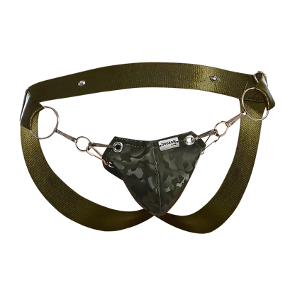 Dngeon snap jockstrap camo with olive green camouflage harness featuring metallic rings and adjustable straps