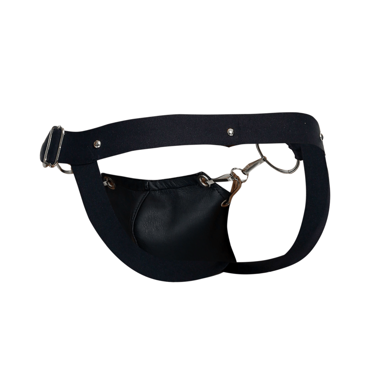 Black leather fanny pack with silver-toned buckle and metal hardware featured with dngeon snap jockstrap design