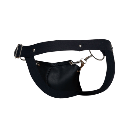 Black leather fanny pack with silver-toned buckle and metal hardware featured with dngeon snap jockstrap design