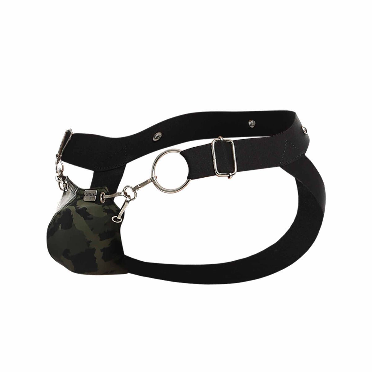 Dngeon snap jockstrap black leather harness with silver metal hardware and camouflage pouch front view