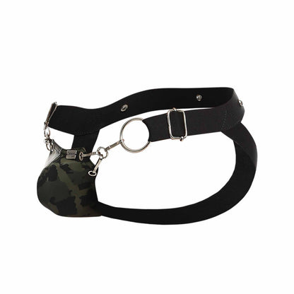 Dngeon snap jockstrap black leather harness with silver metal hardware and camouflage pouch front view