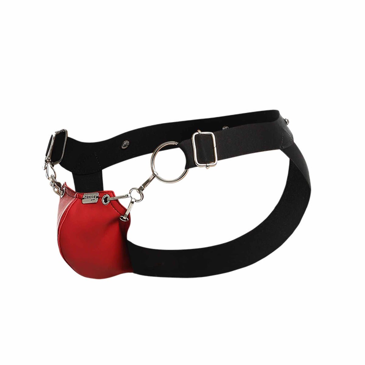 Dngeon snap jockstrap featuring a red glossy leather pouch attached to a black elastic belt with silver hardware