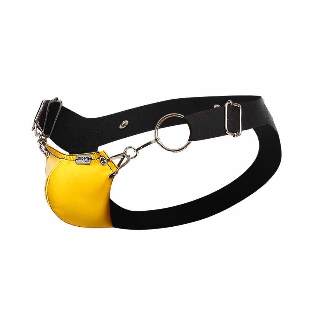 Black leather belt with bright yellow pouch attached by silver chains and hardware featured on dngeon snap jockstrap