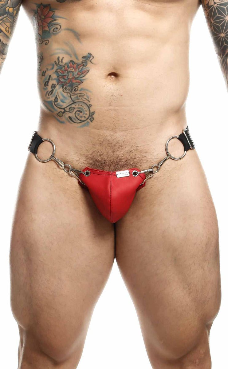 Red leather DNGEON snap jockstrap briefs with black straps and metal rings showing the back side