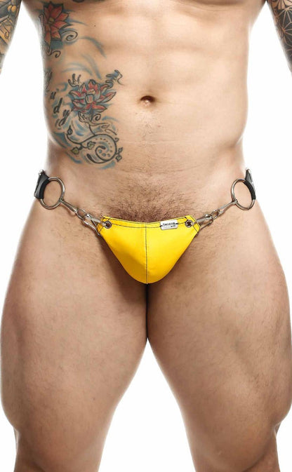 Bright yellow dngeon snap jockstrap thong with high cut design and metallic chain and ring attachments