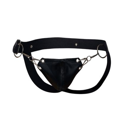 Dngeon snap jockstrap black leather harness with metallic horsebit style hardware detail visible on the back side