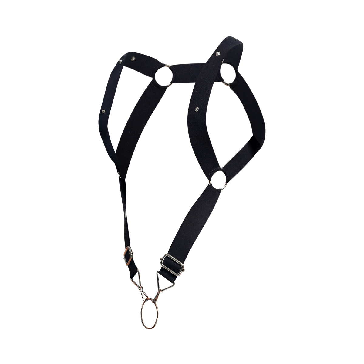 Black leather straight back harness by dngeon with silver metal hardware and adjustable straps