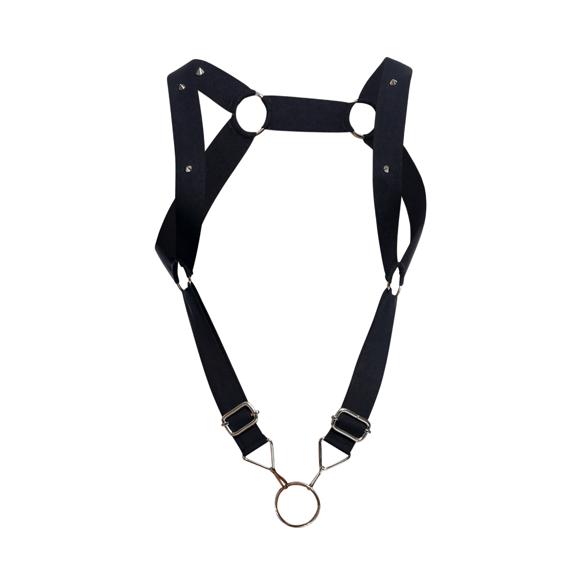 Black leather dngeon straight back harness with silver toned metal hardware and central ring detail