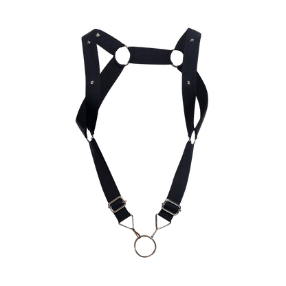Black leather dngeon straight back harness with silver toned metal hardware and central ring detail