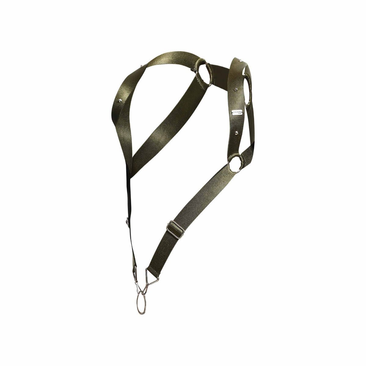 Dark olive green nylon straight back harness with metal rings and hook by dngeon shown from the back side