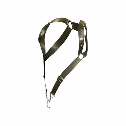 Dark olive green nylon straight back harness with metal rings and hook by dngeon shown from the back side