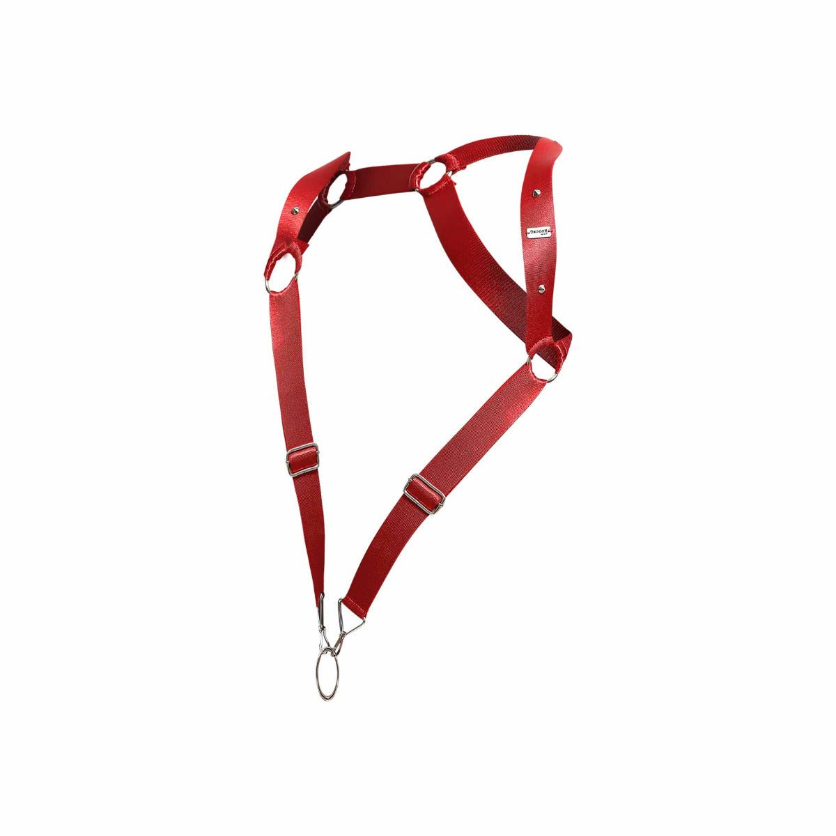 Red leather dog harness by dngeon with metal hardware and adjustable straps shown from the back side
