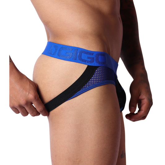 Side view of blue Gigo dog jockstrap featuring mesh fabric and a bold branded elastic waistband on a black background.