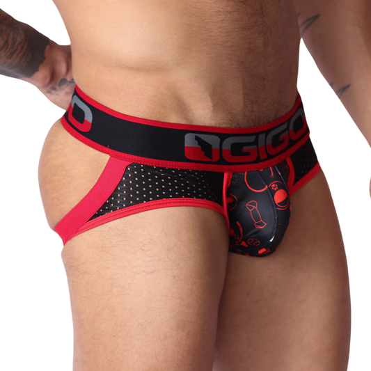 Side view of red and black Gigo Dog jockstrap in mesh fabric with red printed pouch and branded elastic waistband.