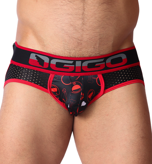 Front view of red and black Gigo Dog print mesh jockstrap with elastic logo waistband.