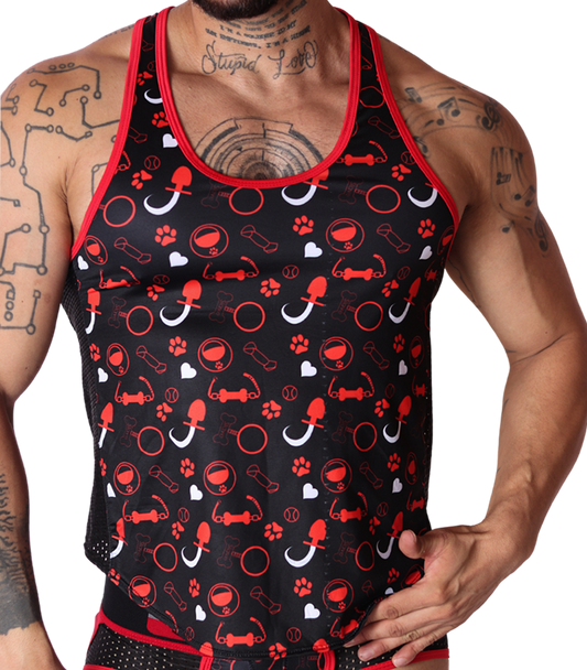 Front view of Gigo Dog Red tank top with novelty toy print on black fabric with red trim and black mesh side panels.