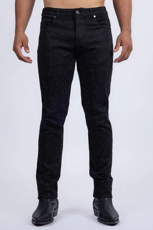 Black denim dolorosa rhinestone jeans with a subtle glittery speckle pattern for stylish casual wear