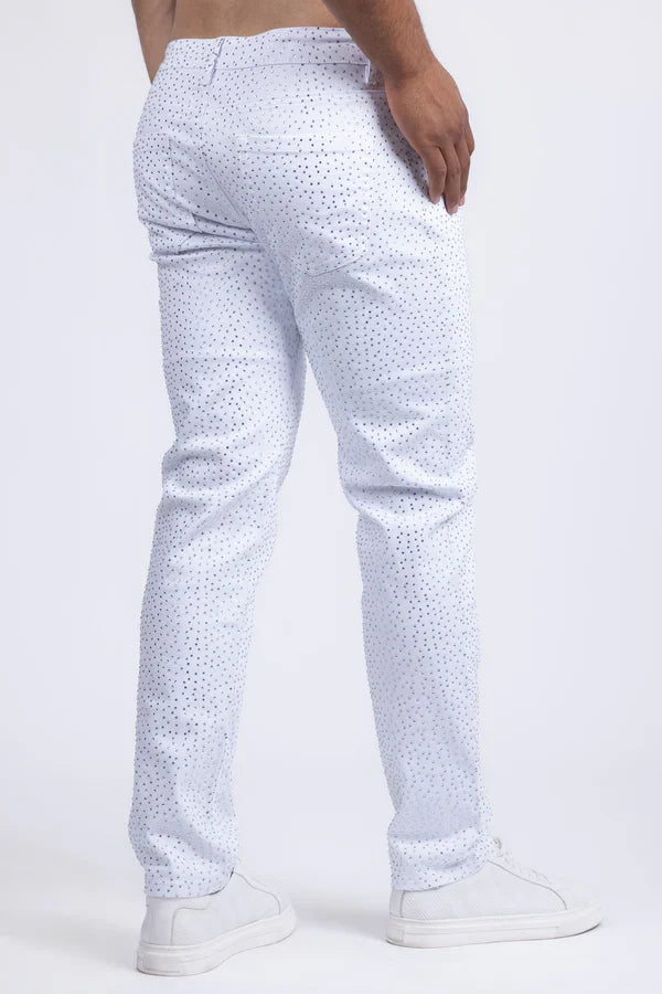 Dolorosa rhinestone jeans white pants with subtle dotted pattern and rhinestone embellishments