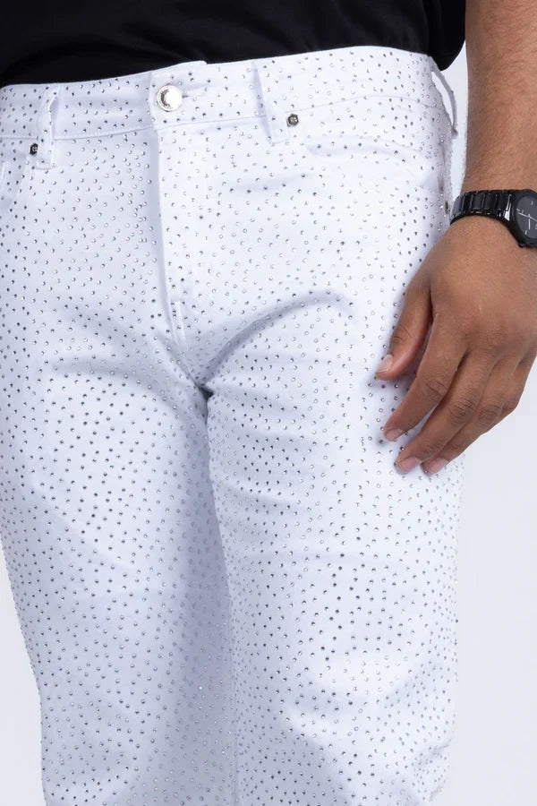 Dolorosa rhinestone jeans white denim pants with subtle small dark dot pattern across the fabric