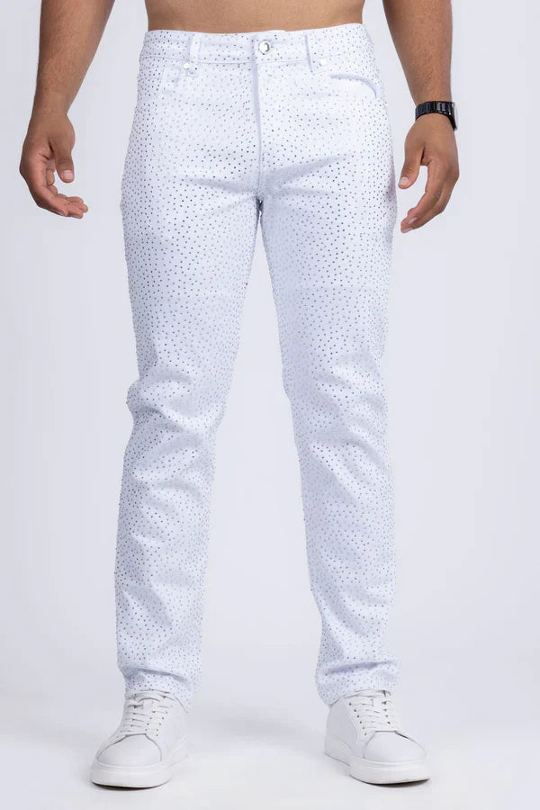 Dolorosa rhinestone jeans white denim with a subtle perforated pattern across the fabric front view