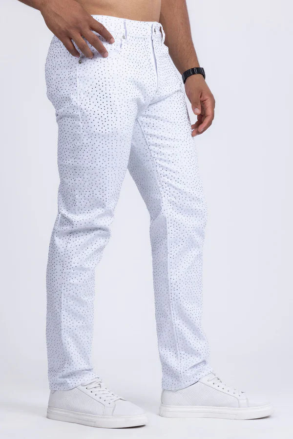 Dolorosa rhinestone jeans white pants with subtle dotted pattern made of lightweight breathable fabric