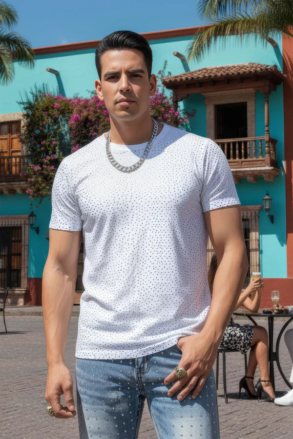 White dolorosa rhinestone t-shirt with short sleeves and a subtle dotted pattern suitable for casual wear