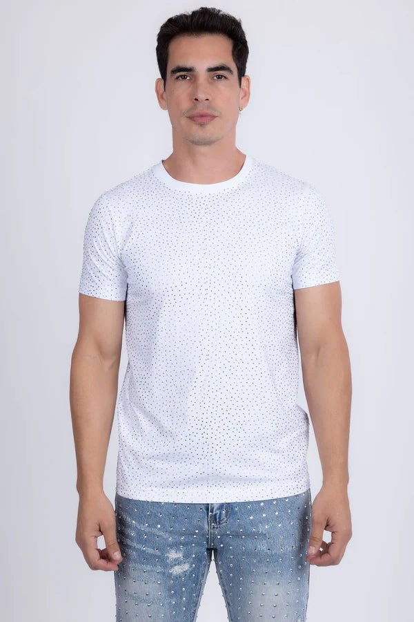 White short-sleeved dolorosa rhinestone t-shirt with subtle dotted pattern perfect for casual wear
