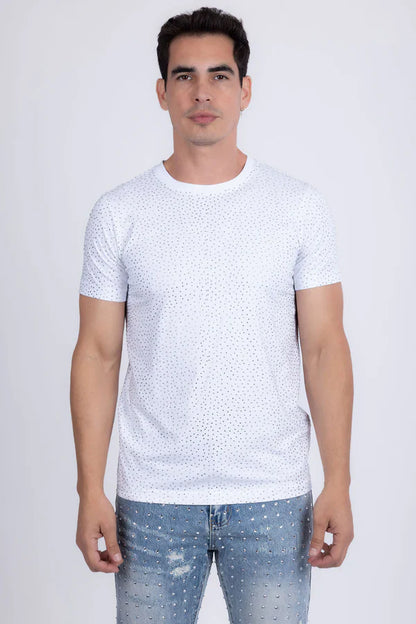 White short-sleeved dolorosa rhinestone t-shirt with subtle dotted pattern perfect for casual wear