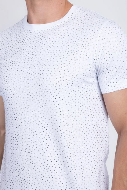White dolorosa rhinestone t-shirt with short sleeves and tiny black dot pattern on soft fabric