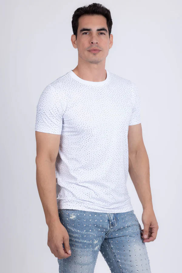 White short-sleeved dolorosa rhinestone t-shirt with subtle dotted pattern perfect for casual wear