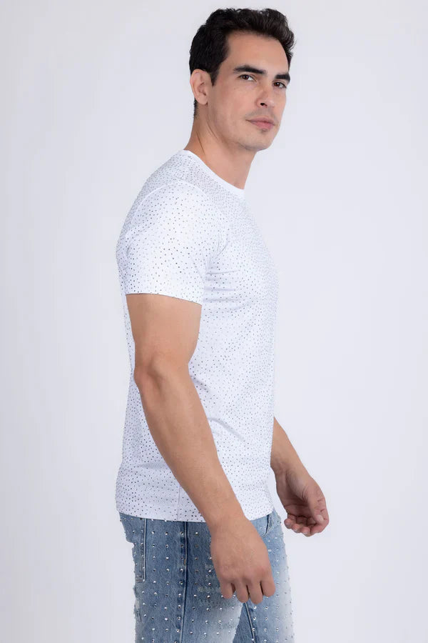 White dolorosa rhinestone t-shirt with short sleeves and a subtle dotted pattern in soft fabric