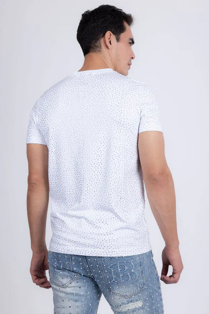 White dolorosa rhinestone t-shirt with short sleeves and a subtle dotted pattern for casual wear