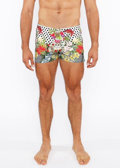 Dots abstract printed swim short with vibrant floral and polka dot pattern in white red green and black colors
