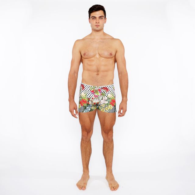 Men’s dots abstract printed swim shorts with vibrant floral and polka dot pattern for summer beachwear