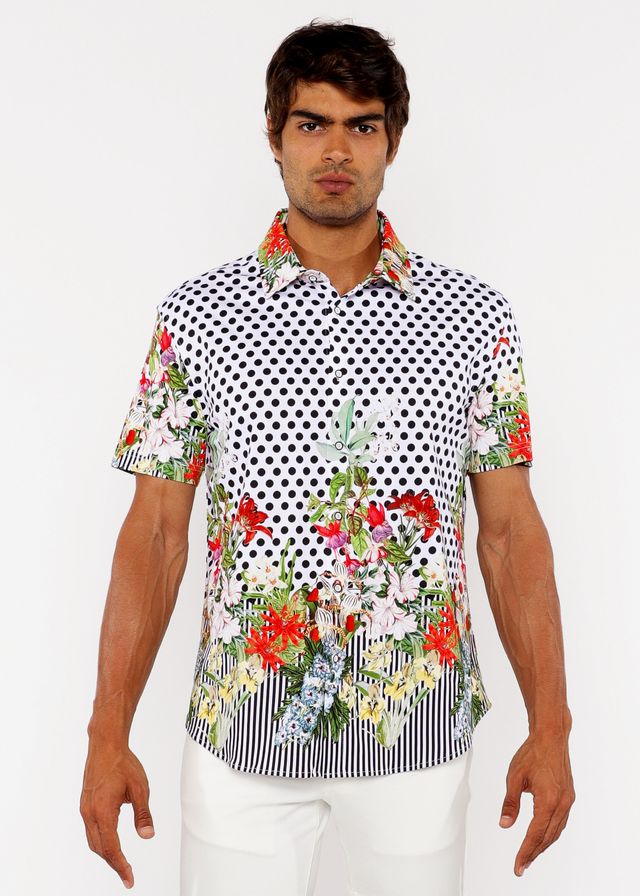 Dots abstract s/s woven modal border shirt with white base black polka dots and red floral pattern on lower front hem