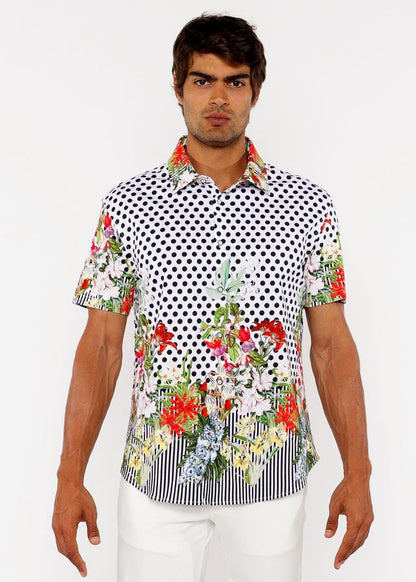 Dots abstract s/s woven modal border shirt with white base black polka dots and red floral pattern on lower front hem