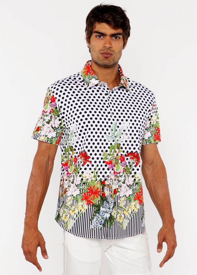 Dots abstract s s woven modal border shirt featuring black polka dots on white with colorful floral sleeves and hem