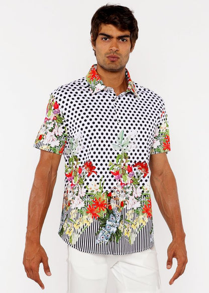 Dots abstract s s woven modal border shirt featuring black polka dots on white with colorful floral sleeves and hem
