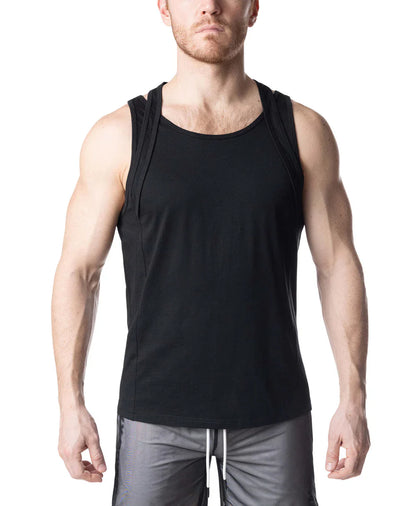 Black sleeveless athletic double top tank top with round neckline and subtle side seam detailing