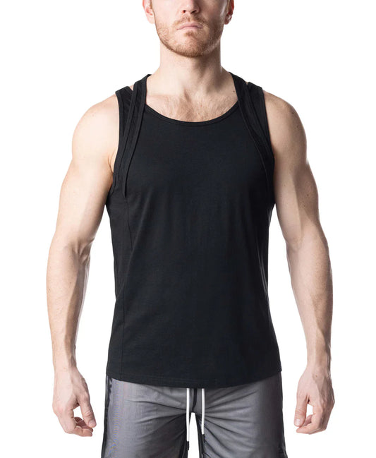 Black sleeveless athletic double top tank top with round neckline and subtle side seam detailing