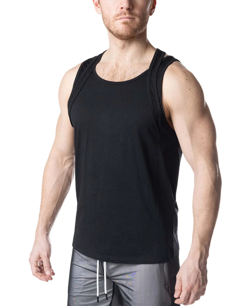 Black sleeveless double top tank top with round neckline and subtle side seam detailing ideal for casual wear